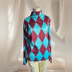 Harlequin Diamond Print Mock Neck Top Teal & Red XXL | Alice in Wonderland Inspo